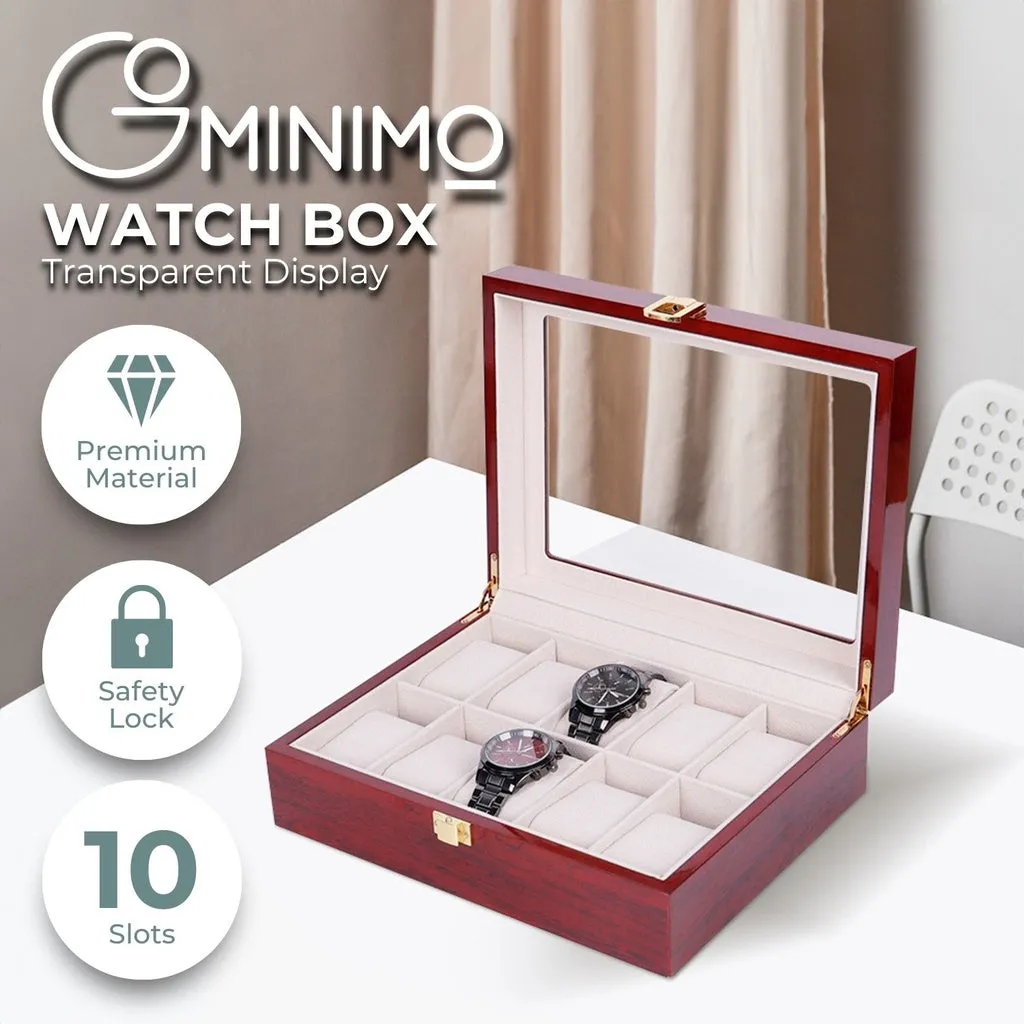 10 Slot Red Wood Watch Display Box with Glass Skylight