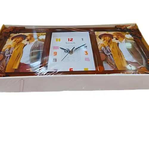 2 Photo Frame with Clock in Middle Table Clock