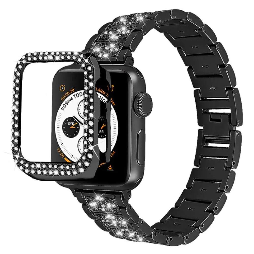 Apple Watch (45mm) 3 bead rhinestone décor watch strap with cover - Black