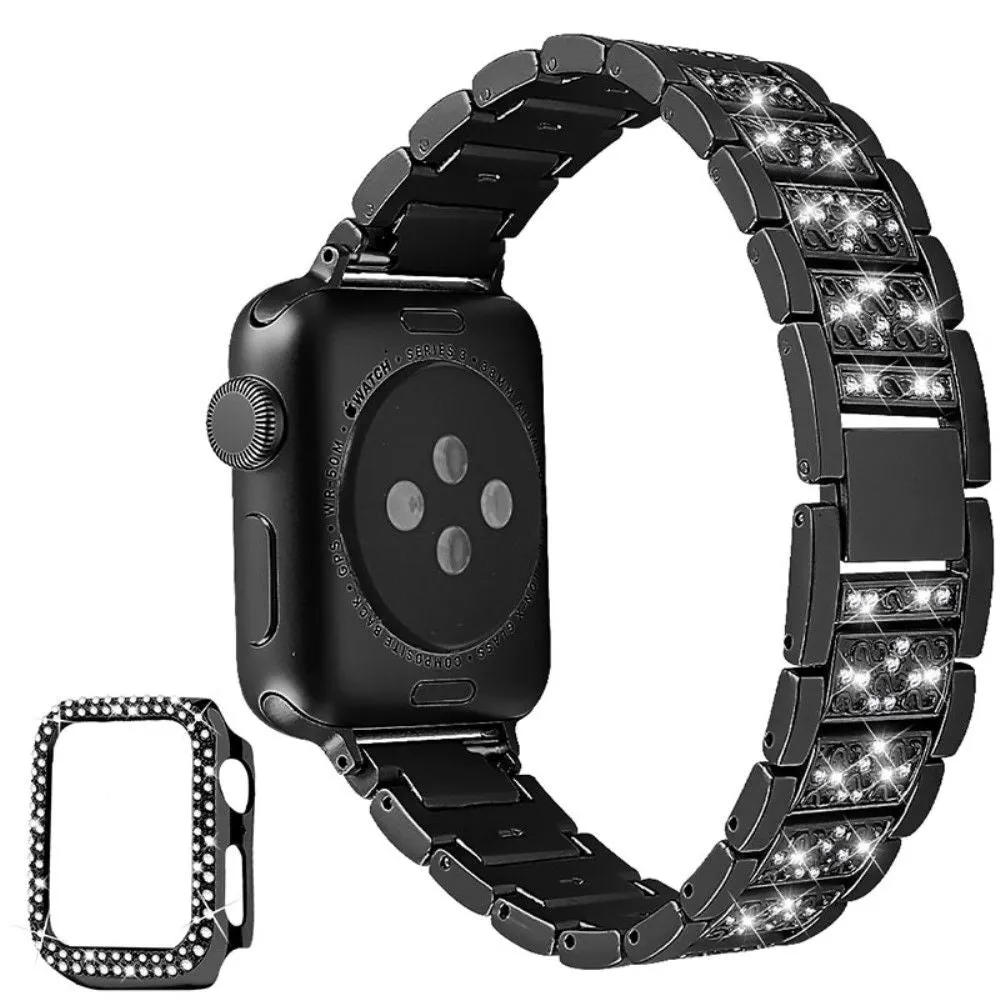 Apple Watch (45mm) 3 bead rhinestone décor watch strap with cover - Black