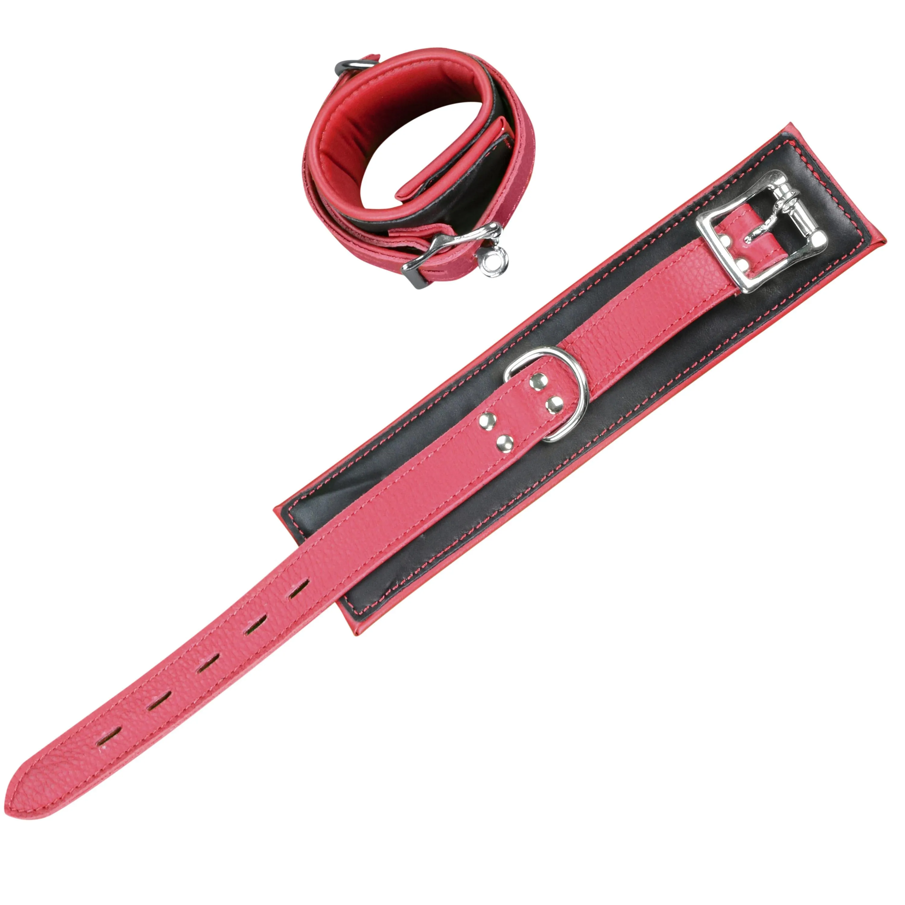 Cuff Wrist - Leather Softy Padded Handcuff - Black with Red Strap