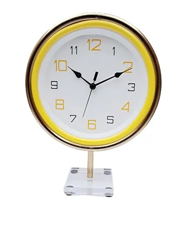 Decorative Premium Golden Metal Frame Table Clock, with 8 inch Dial with Acrelic Base for Home and Office