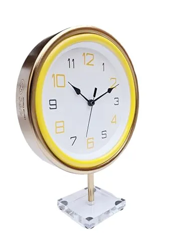 Decorative Premium Golden Metal Frame Table Clock, with 8 inch Dial with Acrelic Base for Home and Office