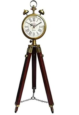 HABEEBA ART Wooden and Metal Tripod Clock with Stand Brass and Brown Two Bell Antique Look Floor Clock Home Decor