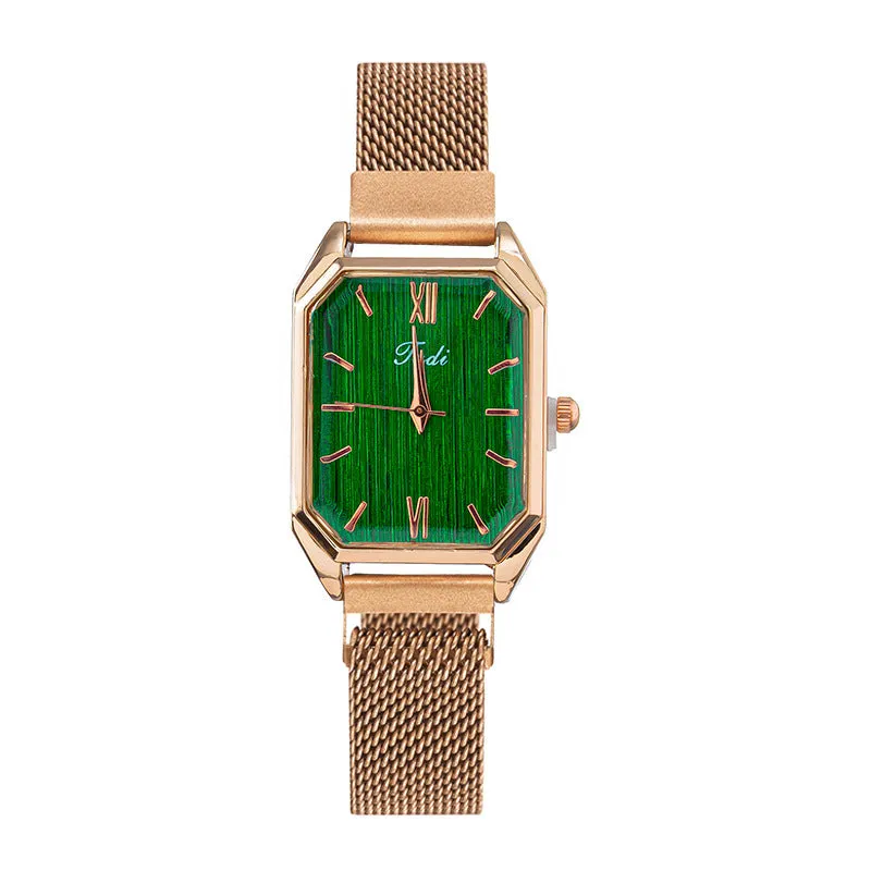 Lazy Watch Simple Quartz Watch Peacock Green Milan Band Square Watch for Women