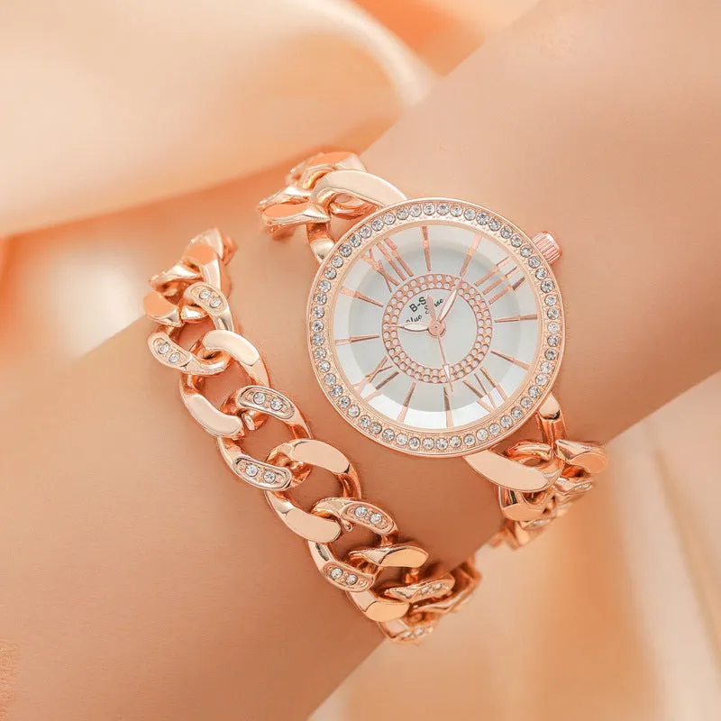 Light Luxury Women's Watch Roman Dial Full Diamond Quartz Watch Fashion Simple Double Chain Watch