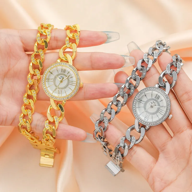 Light Luxury Women's Watch Roman Dial Full Diamond Quartz Watch Fashion Simple Double Chain Watch