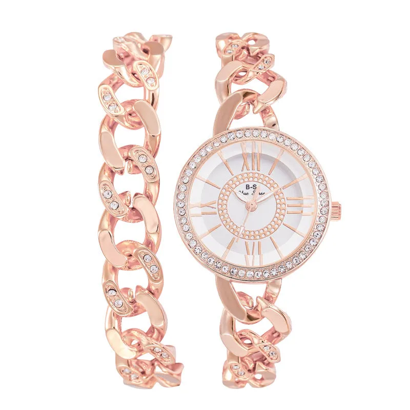 Light Luxury Women's Watch Roman Dial Full Diamond Quartz Watch Fashion Simple Double Chain Watch