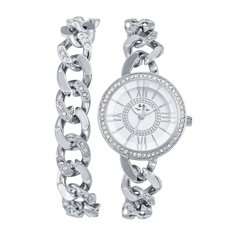 Light Luxury Women's Watch Roman Dial Full Diamond Quartz Watch Fashion Simple Double Chain Watch