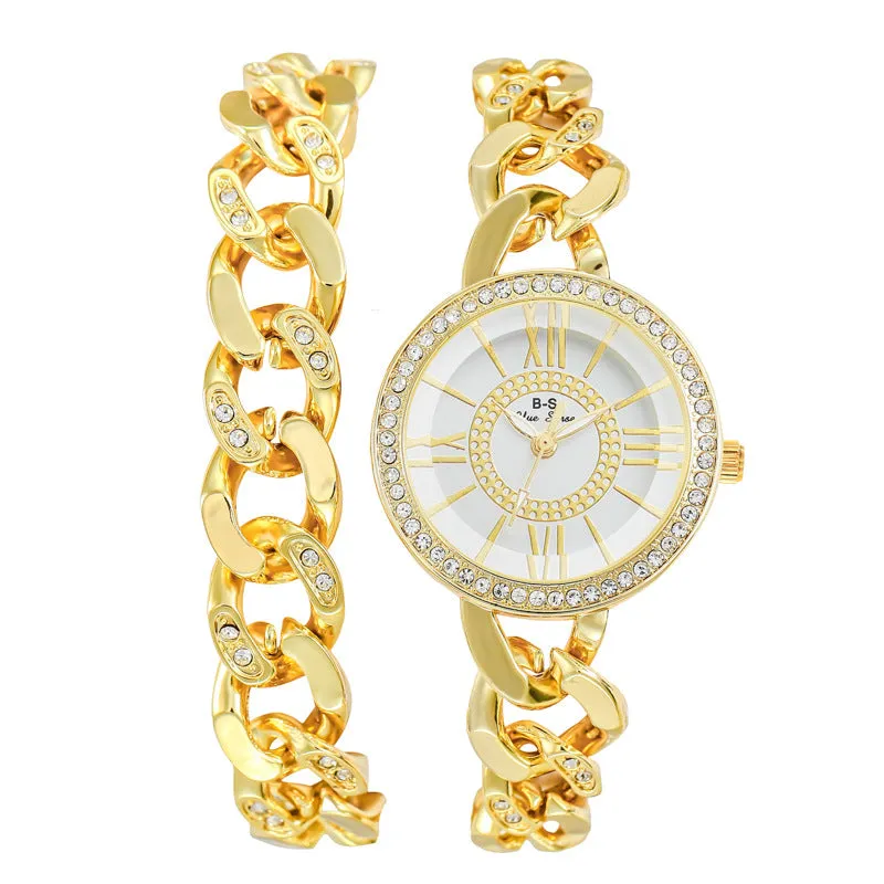 Light Luxury Women's Watch Roman Dial Full Diamond Quartz Watch Fashion Simple Double Chain Watch