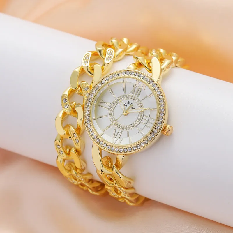 Light Luxury Women's Watch Roman Dial Full Diamond Quartz Watch Fashion Simple Double Chain Watch