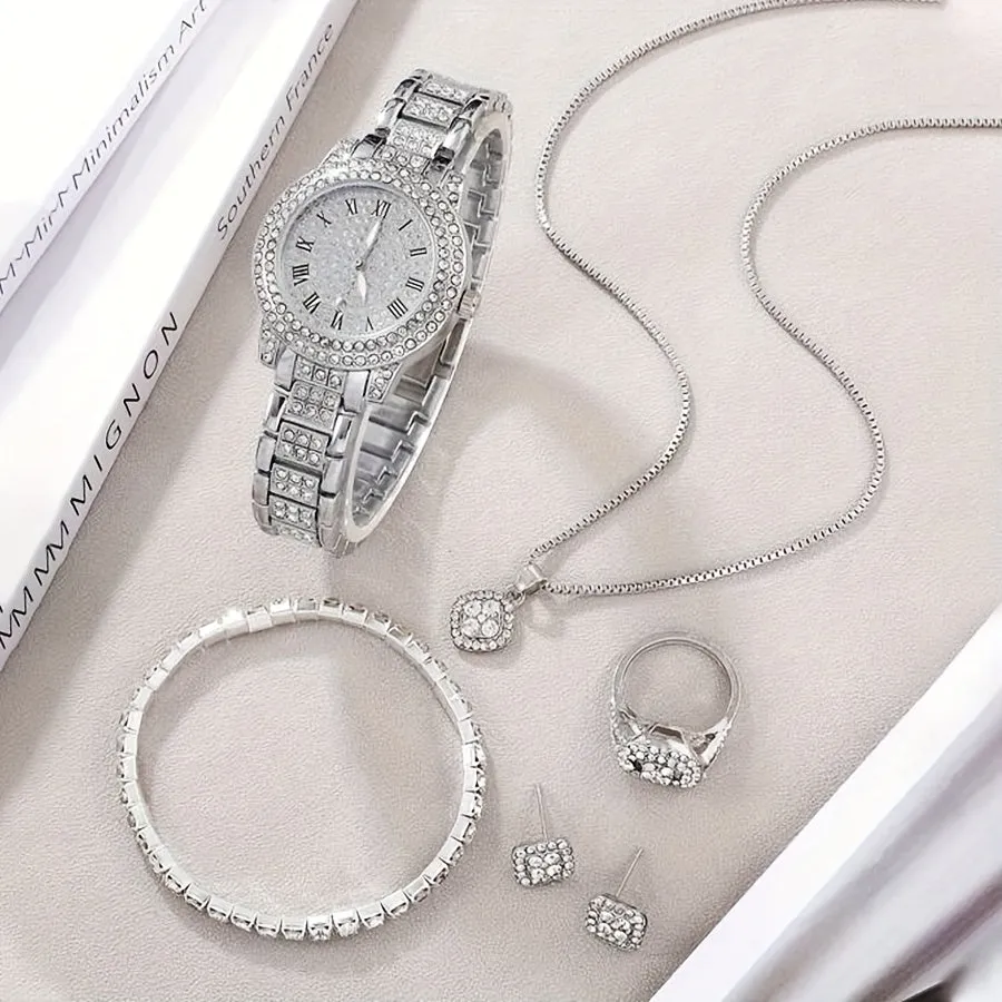 Luxury Rhinestone Quartz Watch  Jewelry Set Womens Perfect Gift