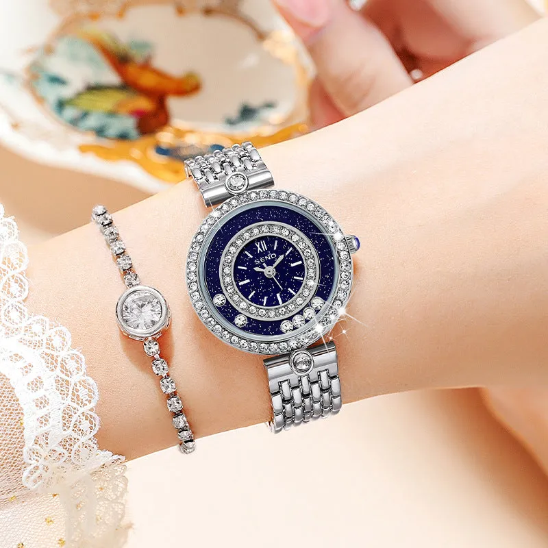 Luxury Starry Diamond Women's Quartz Watch Waterproof Watch with Steel Strap