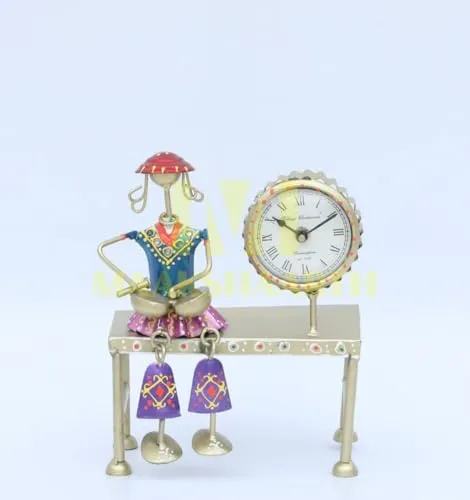 MAAKSHAARTH Metal Antique Decorative Table Clock with Beautiful Lady,Decorative Showpiece 10x8 inch