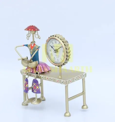 MAAKSHAARTH Metal Antique Decorative Table Clock with Beautiful Lady,Decorative Showpiece 10x8 inch