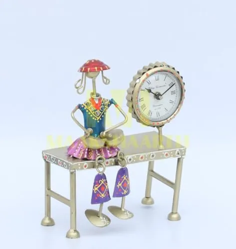 MAAKSHAARTH Metal Antique Decorative Table Clock with Beautiful Lady,Decorative Showpiece 10x8 inch