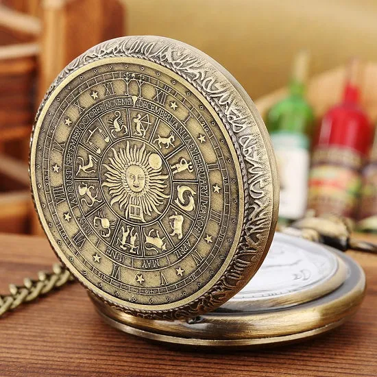 Pocket Watch Bronze Quartz Movement with Zodiac Signs