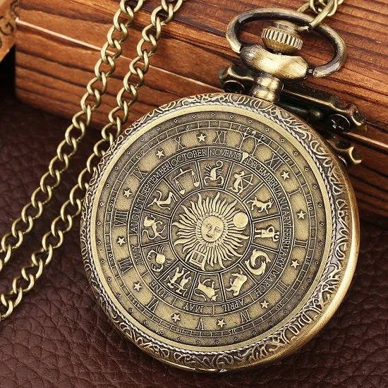 Pocket Watch Bronze Quartz Movement with Zodiac Signs