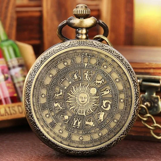 Pocket Watch Bronze Quartz Movement with Zodiac Signs