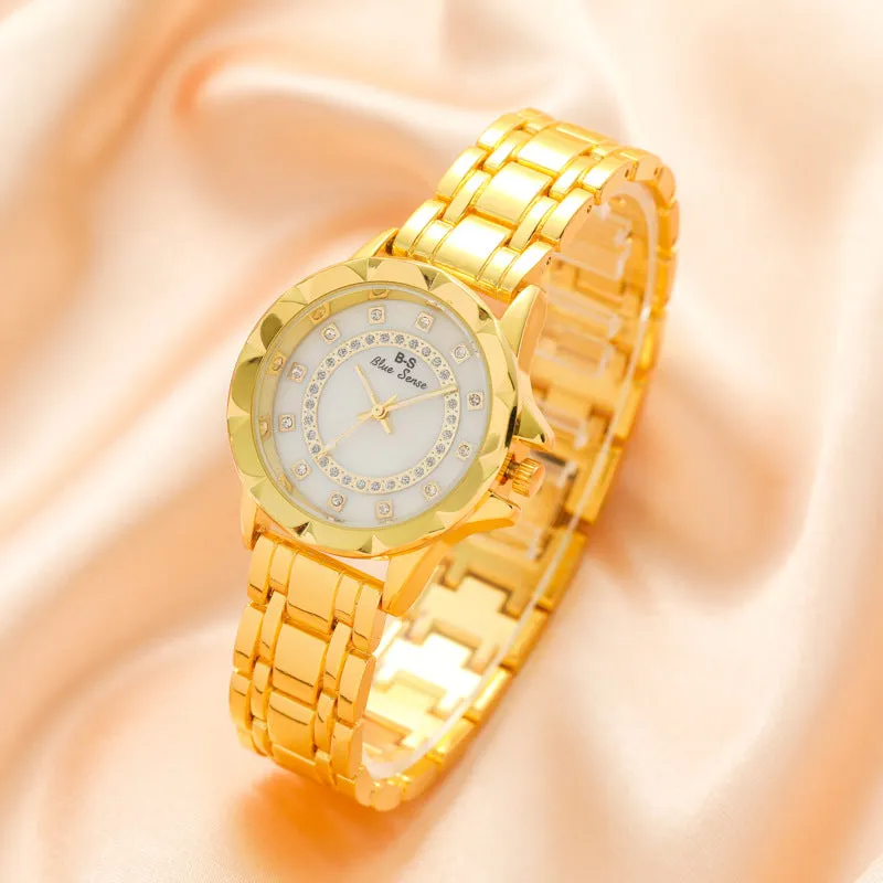 Trendy Steel Watch Simple Lady Temperament Gold Watch round Dial Full Diamond Quartz Watch