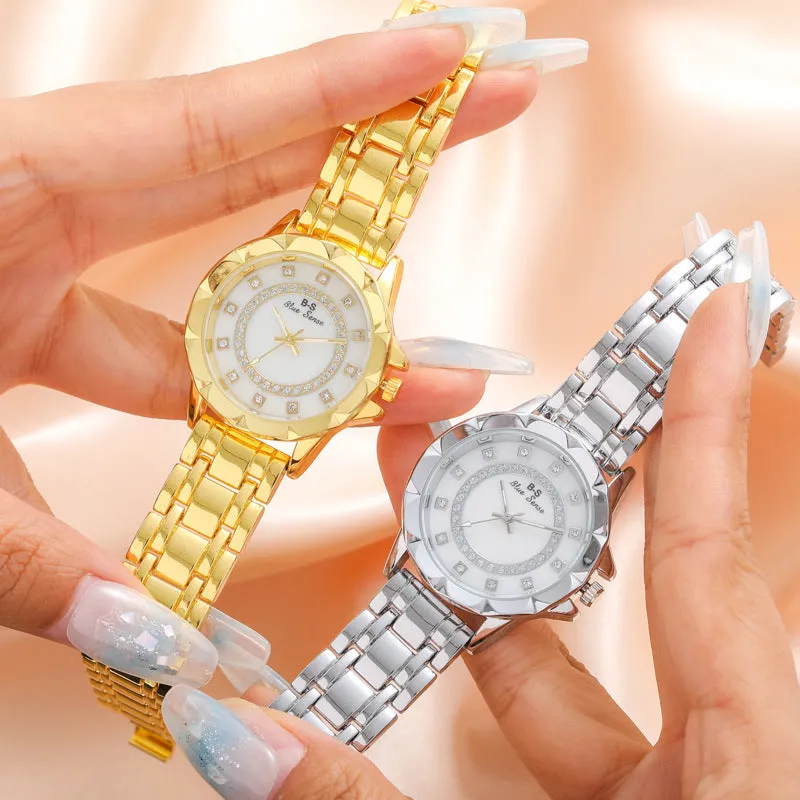 Trendy Steel Watch Simple Lady Temperament Gold Watch round Dial Full Diamond Quartz Watch