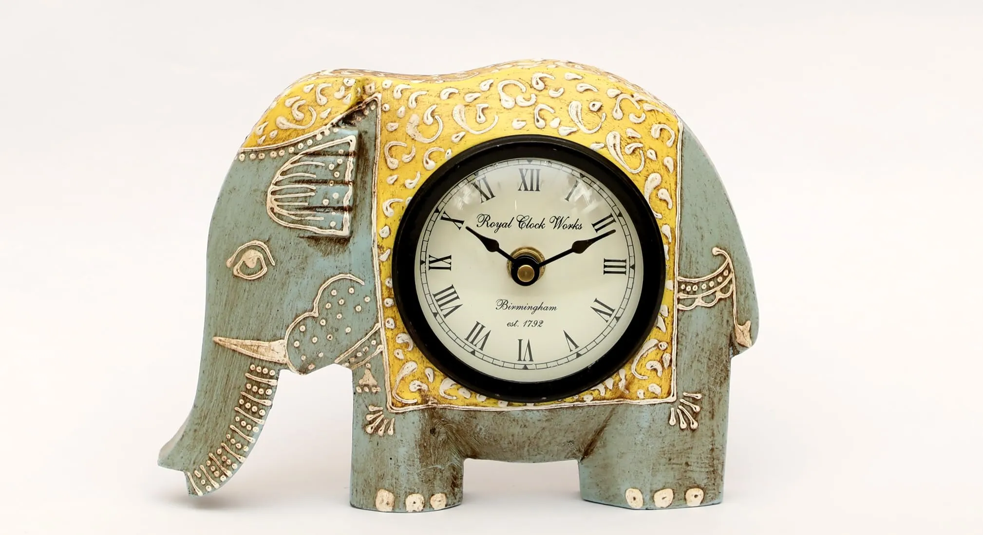 vedas Grey Helena Elephant Handpainted Wooden Table Clock with Dial Silent Non-Ticking Small Clock, 7 x 6 cm, Battery Operated, for Bedroom, Bedside, Desk