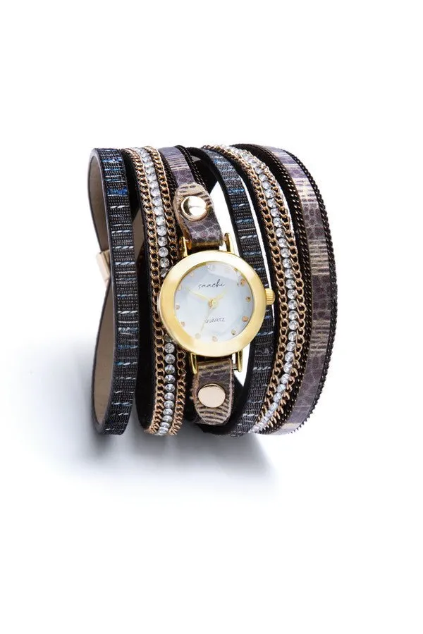 Vegan Leather Embellished Wrap Bracelet Watch