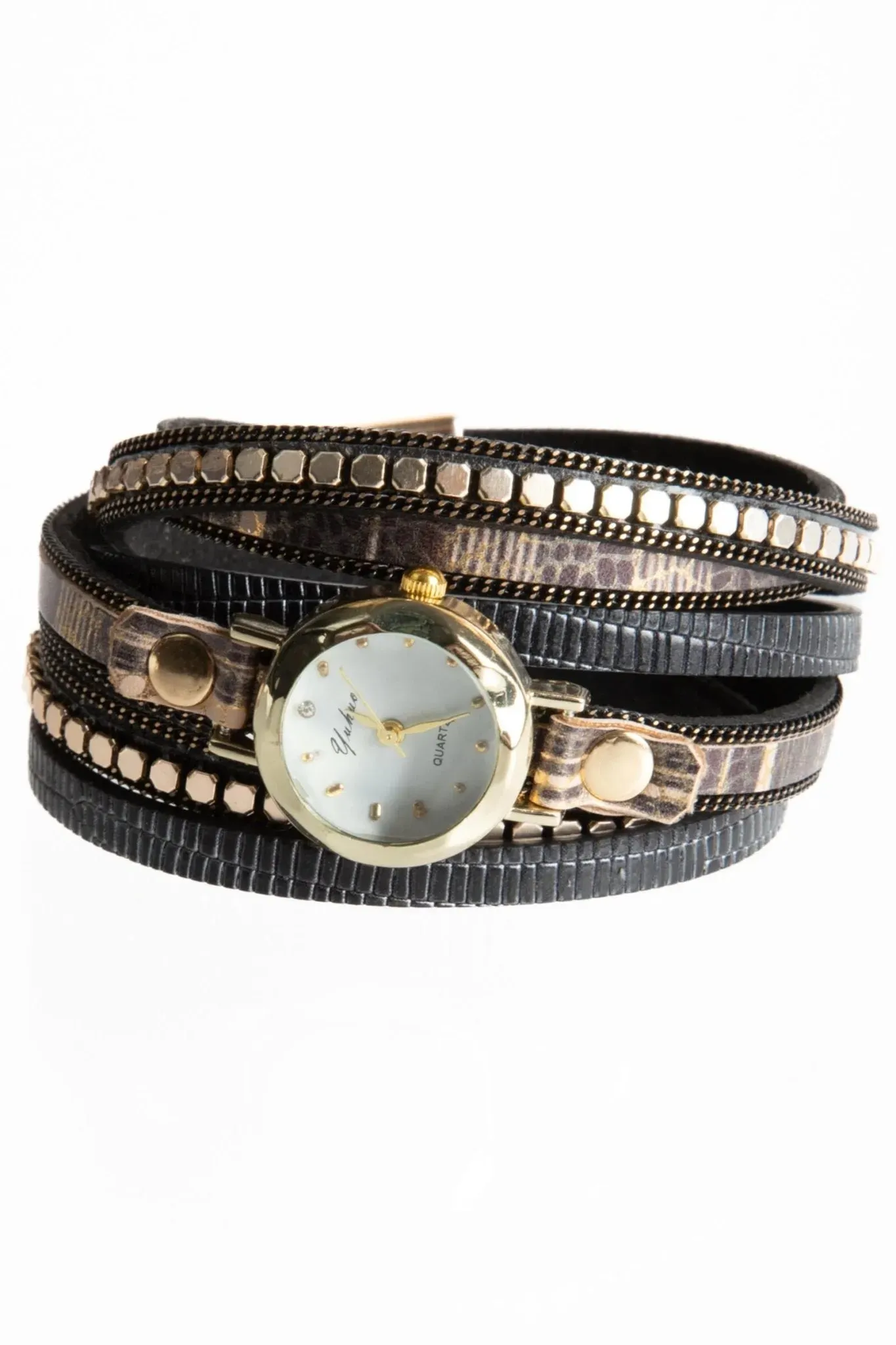 Vegan Leather Embellished Wrap Bracelet Watch