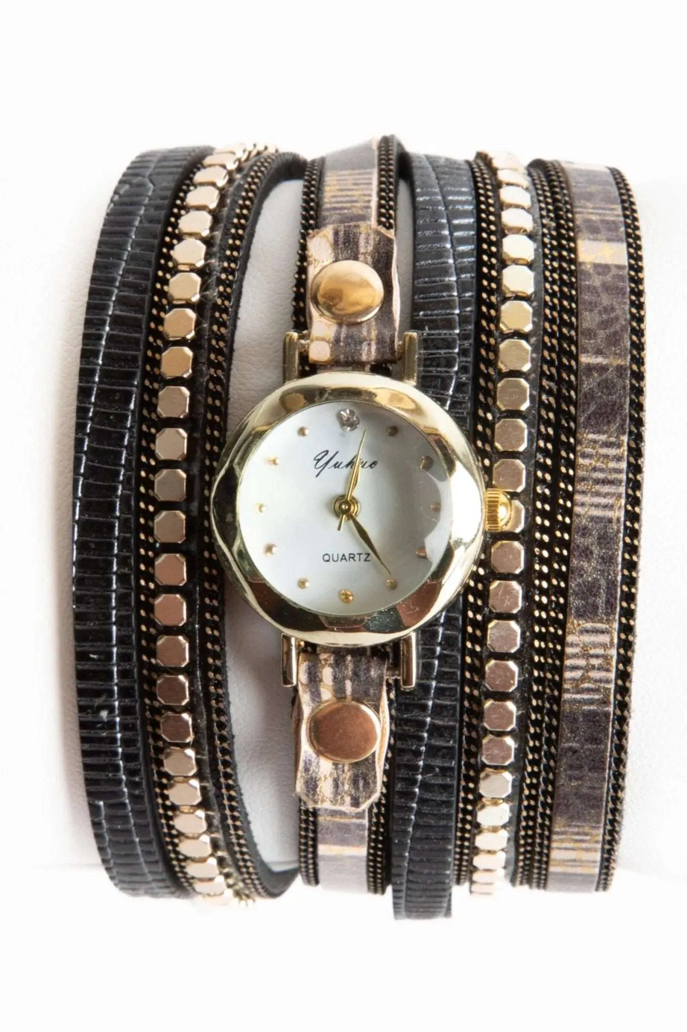 Vegan Leather Embellished Wrap Bracelet Watch