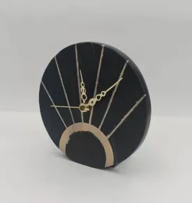 VR SOURCING Black Marble Round Shape Table Clock with Brass Inlay